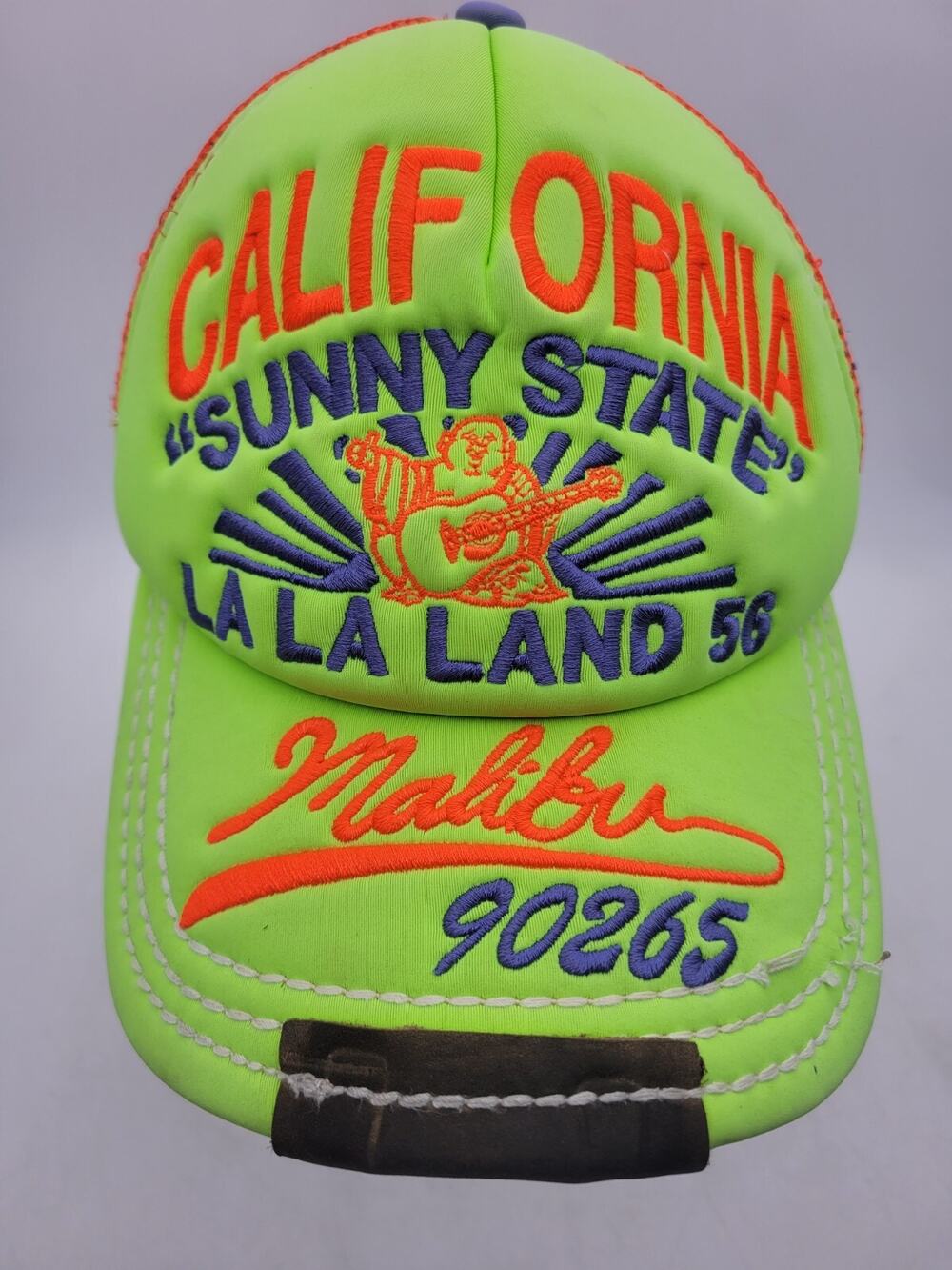 Vintage TRUE RELIGION California Malibu 90265 Trucker Hat Bright Green & orange